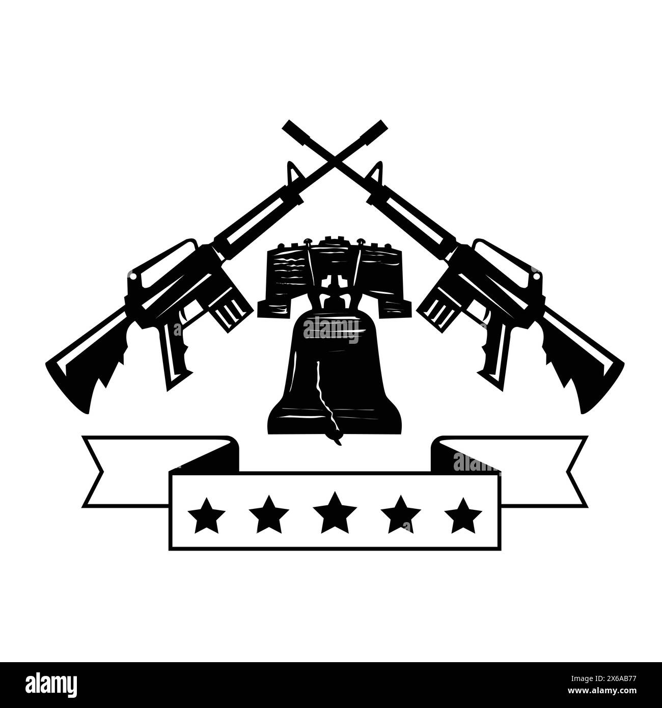 Retro style illustration of a crossed AR15 assault rifle with the Liberty Bell or Old State House Bell and ribbon scroll with 5 stars on isolated back Stock Vector