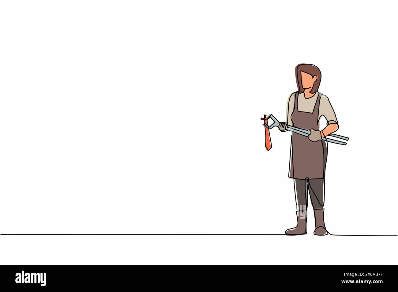 Continuous one line drawing female blacksmith wearing apron standing holding hot blade