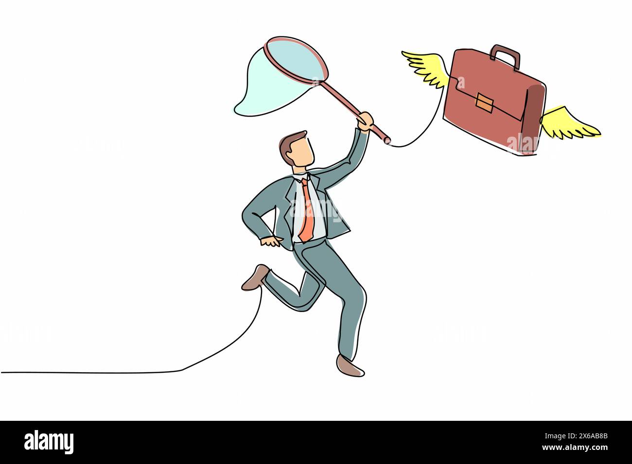 Continuous one line drawing businessman try to catching flying ...