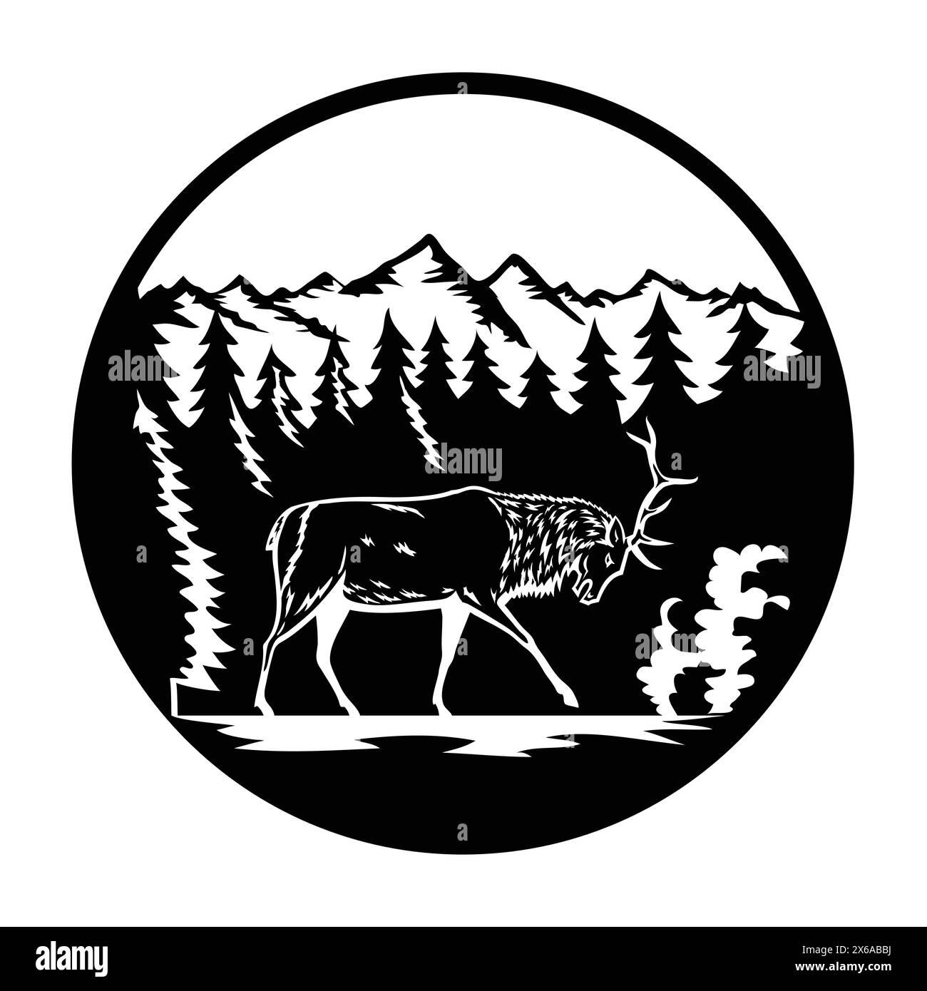 Retro illustration of a bull elk, Cervus canadensis or wapiti fighting