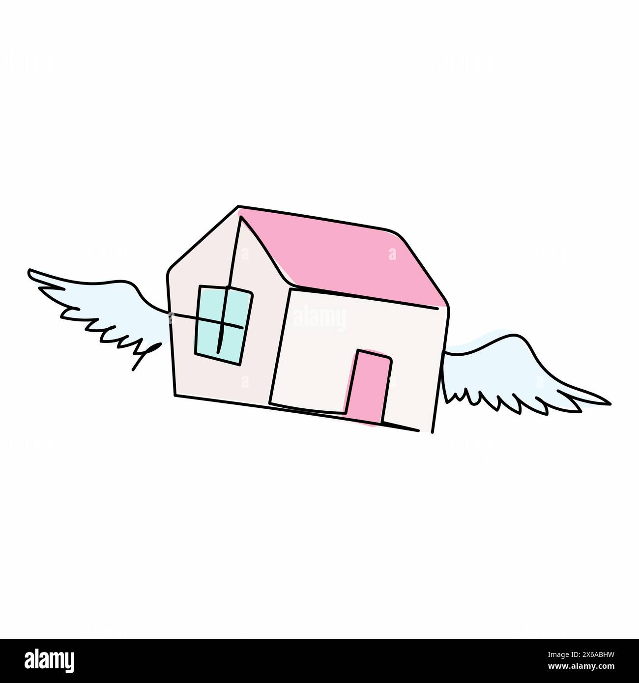 Single one line drawing flying house logo with wings. House of wings in weightlessness. Flying dream and hope. Flying high for property company. Conti Stock Vector