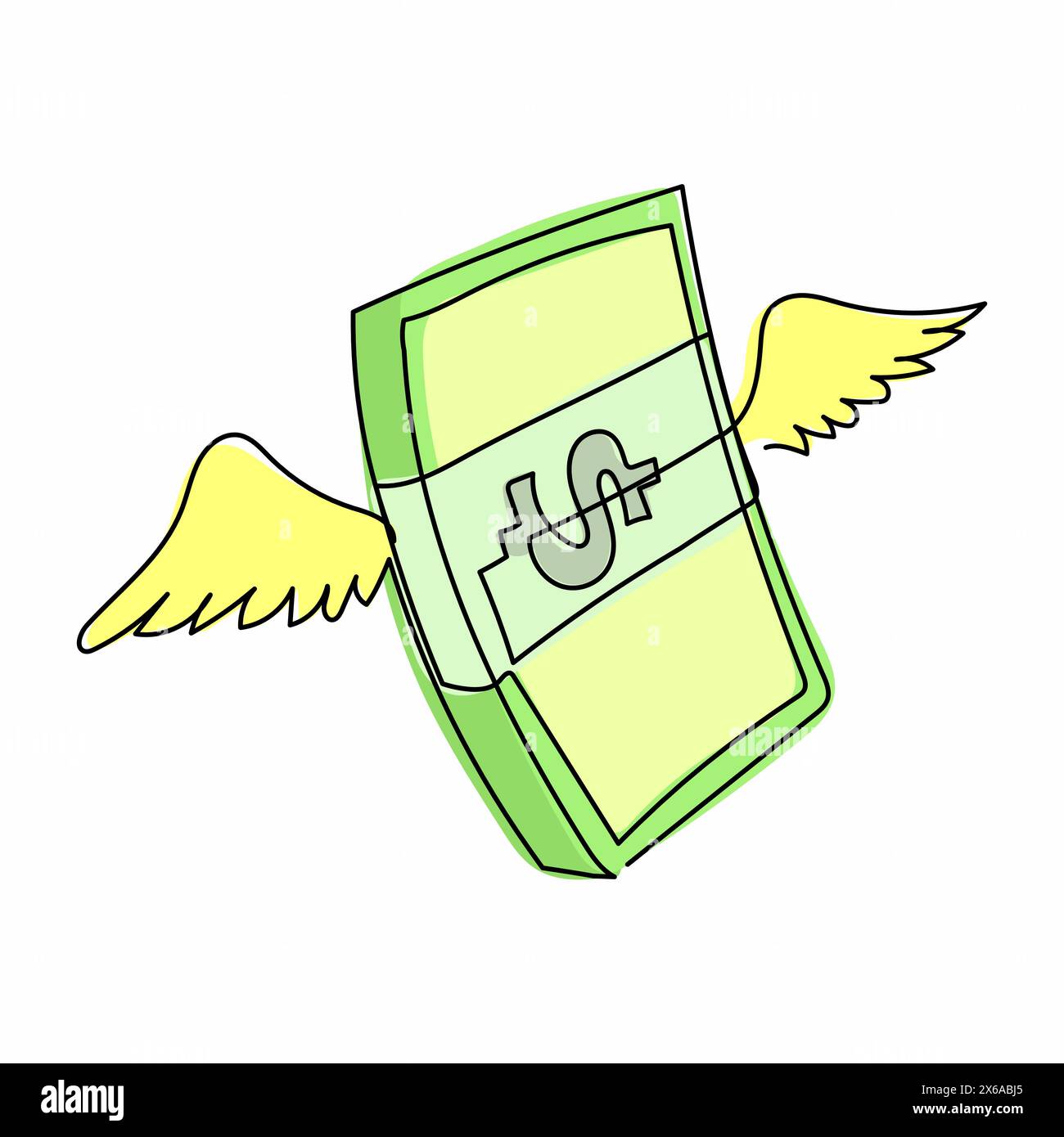 Continuous one line drawing flying money stack with wings. Winged dollar American currency bills packs. Angel investment, sending dollar banknotes. Si Stock Vector