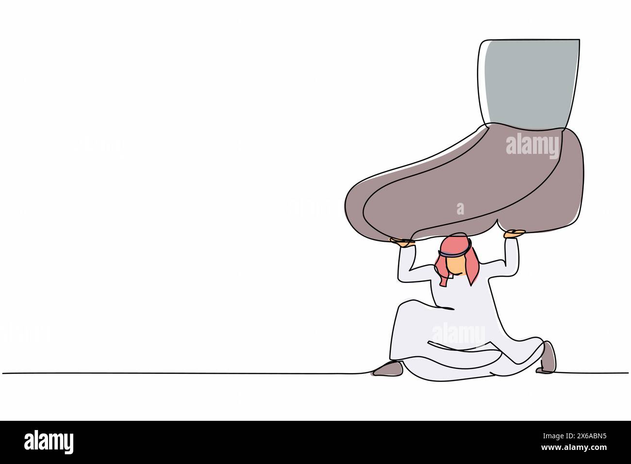 Single continuous line drawing active Arab businessman under giant foot trample. Male manager pressure and domination, limiting freedom. Minimalism me Stock Vector