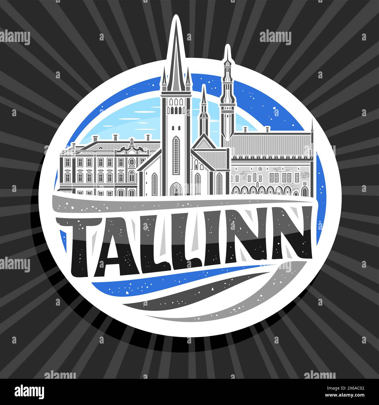 Vector logo for Tallinn, white decorative round tag with illustration of european tallinn city scape on day sky background, art design refrigerator ma Stock Vector