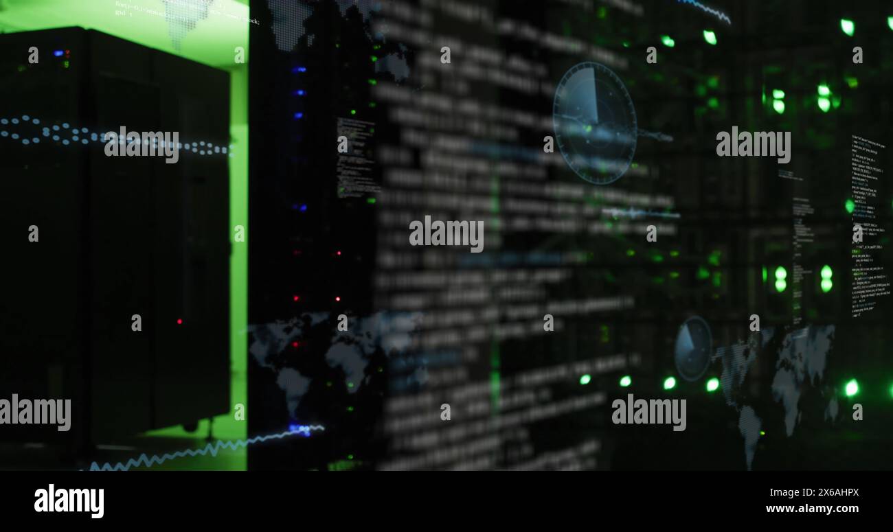 Image of screens with data processing against computer server room Stock Photo