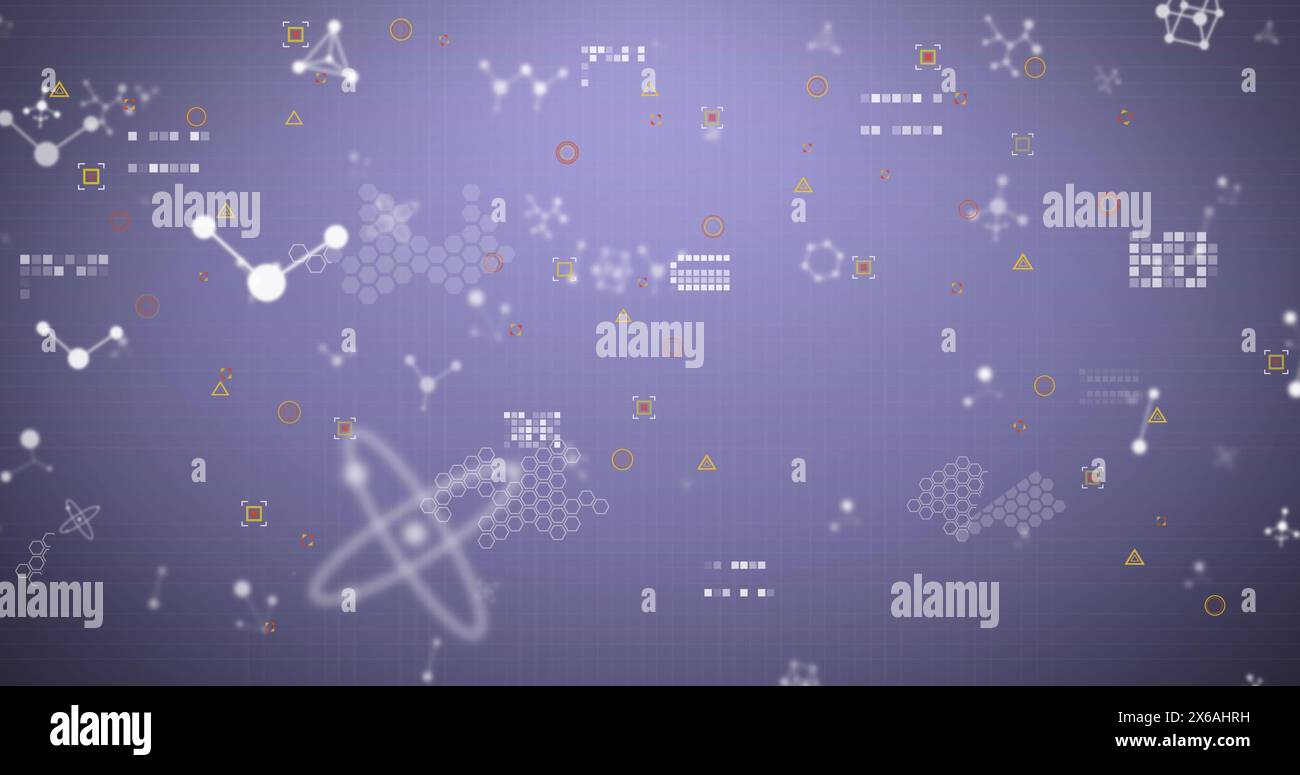 Image of financial data processing and molecules on grey background Stock Photo