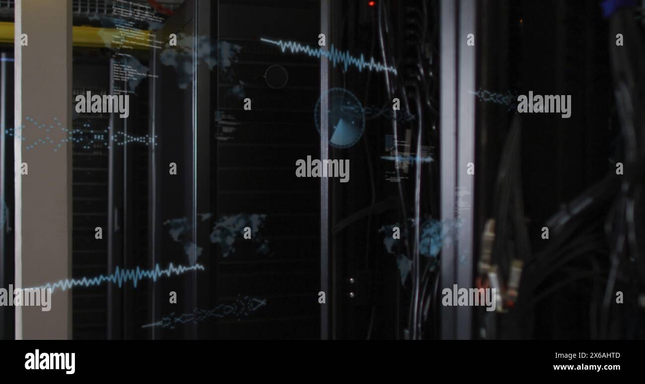 Image of data processing over globe on black background Stock Photo