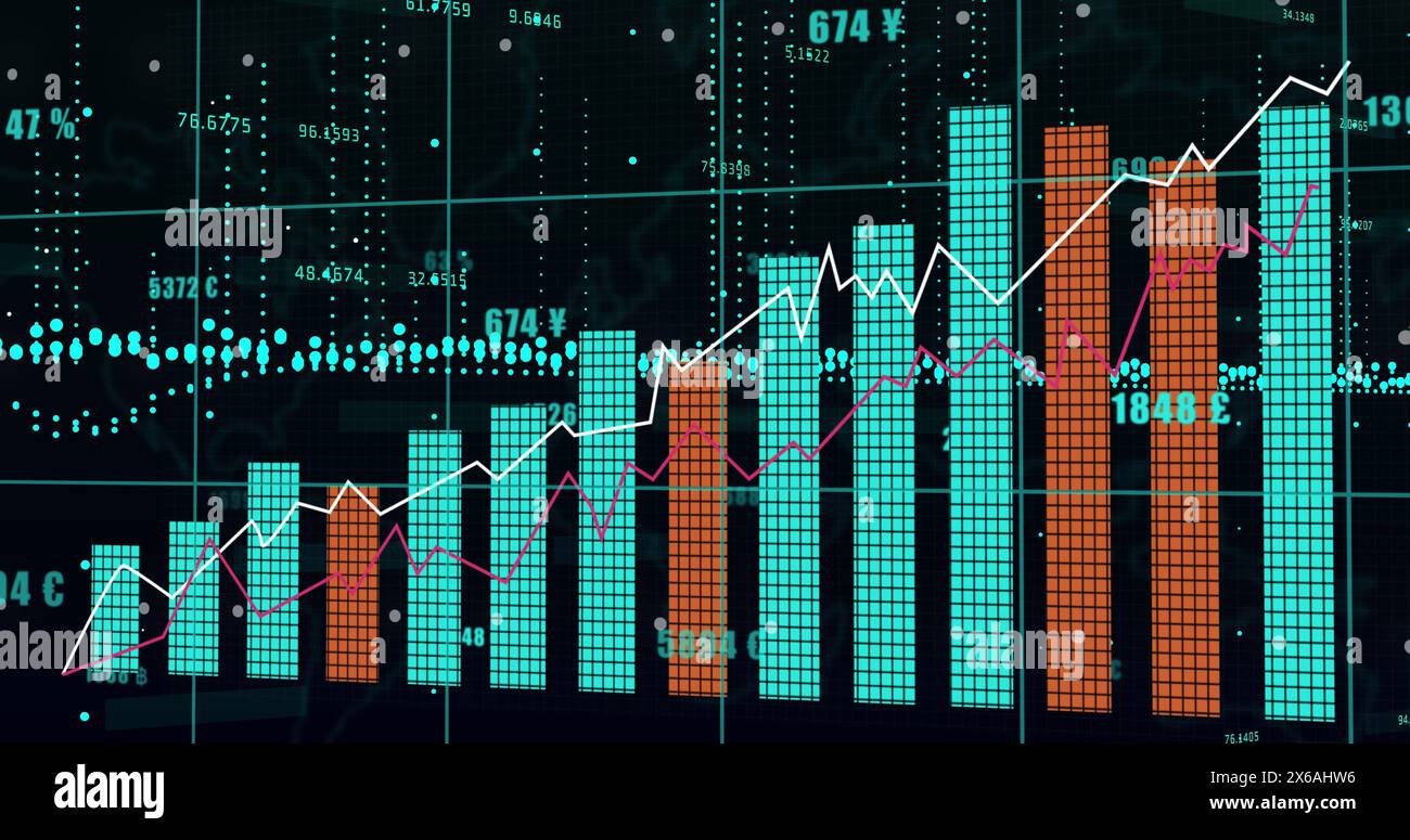 Image of statistical and financial data processing against black background Stock Photo