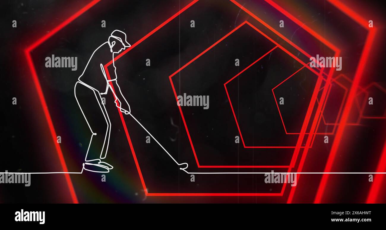 Image of drawing of male golf player over digital tunnel Stock Photo