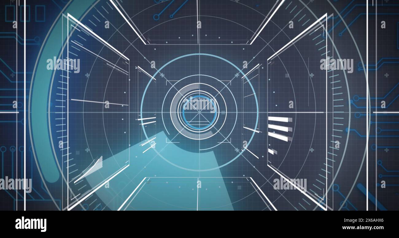 Image of round scanner over interface with data processing against blue background Stock Photo