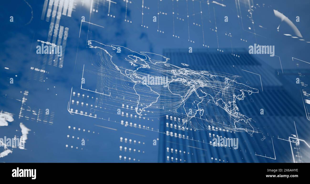 Image of interface with data processing over world map against low ...