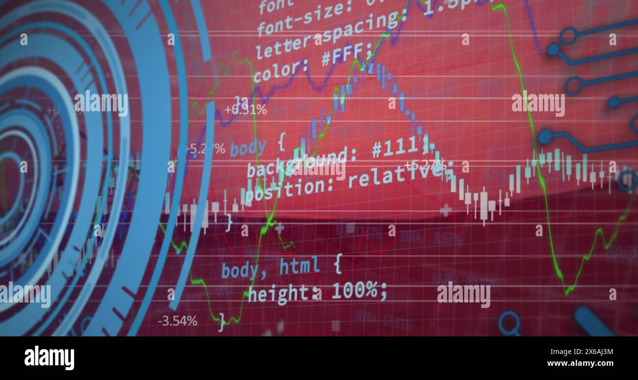 Image of round scanner and financial data processing against red background Stock Photo
