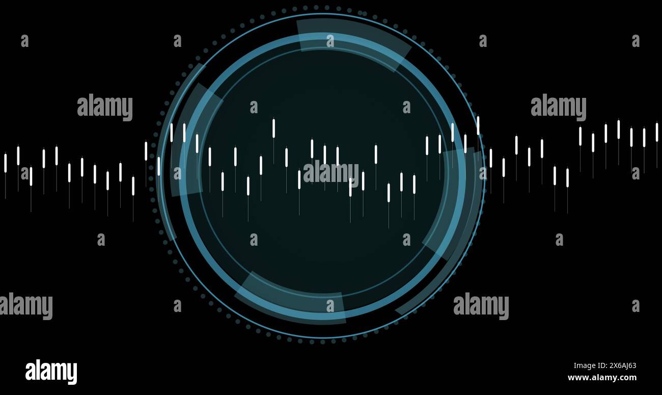 Image of data processing and security shield icon over spinning round scanner Stock Photo
