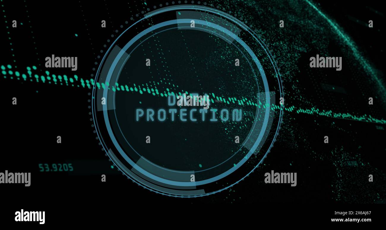Image of data processing against data protection text over spinning round scanner Stock Photo