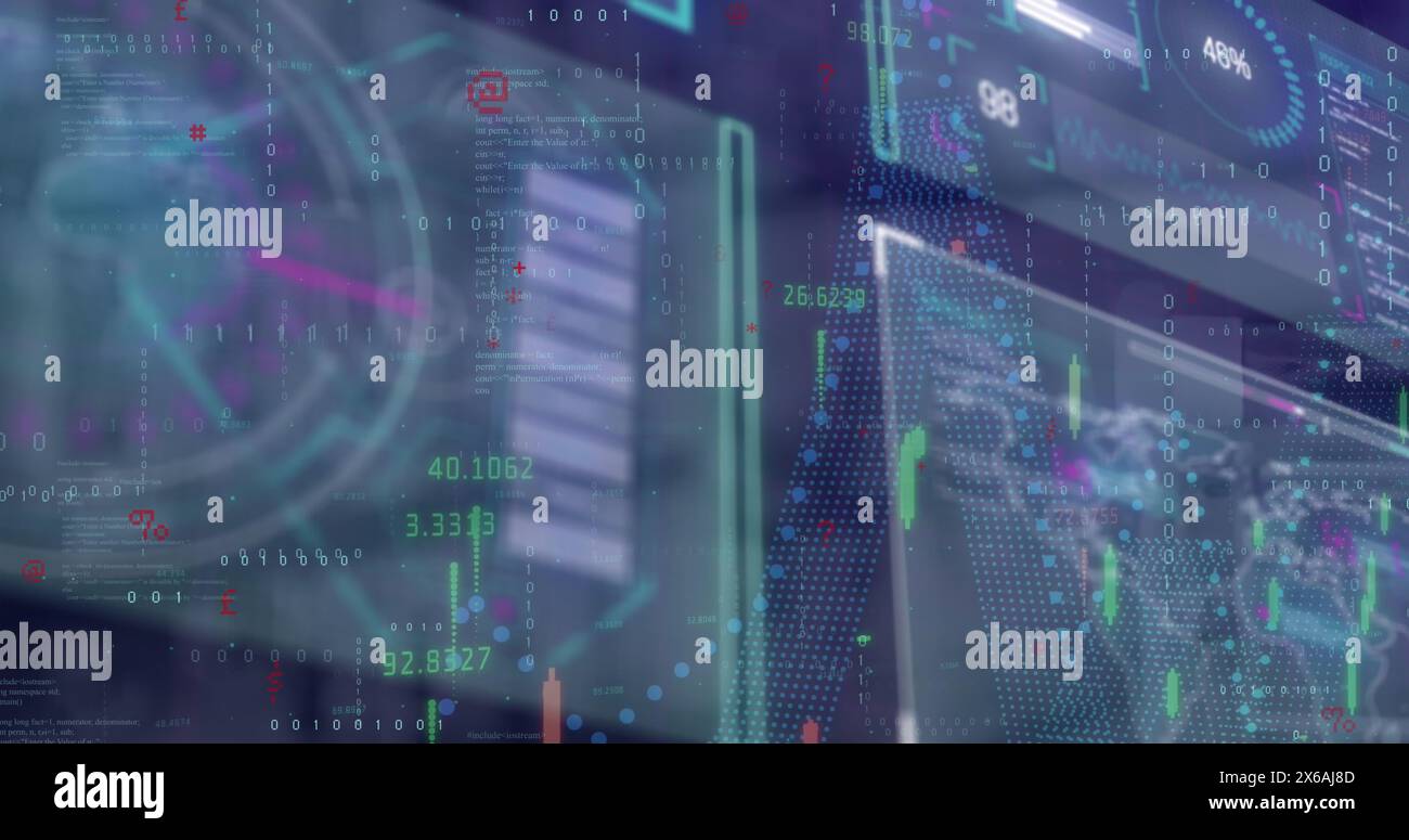 Image of data processing on screens over dark background Stock Photo ...