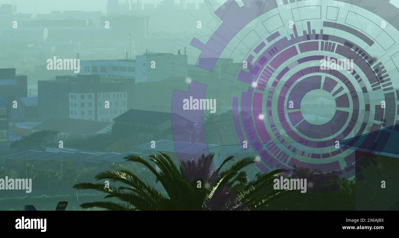 Image of scope scanning and data processing over cityscape Stock Photo