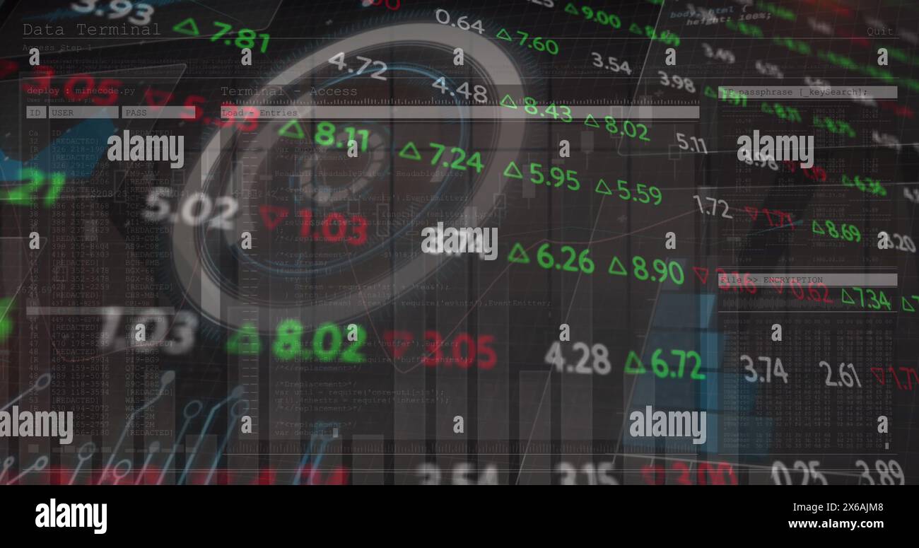 Image of scope scanning and financial data processing Stock Photo