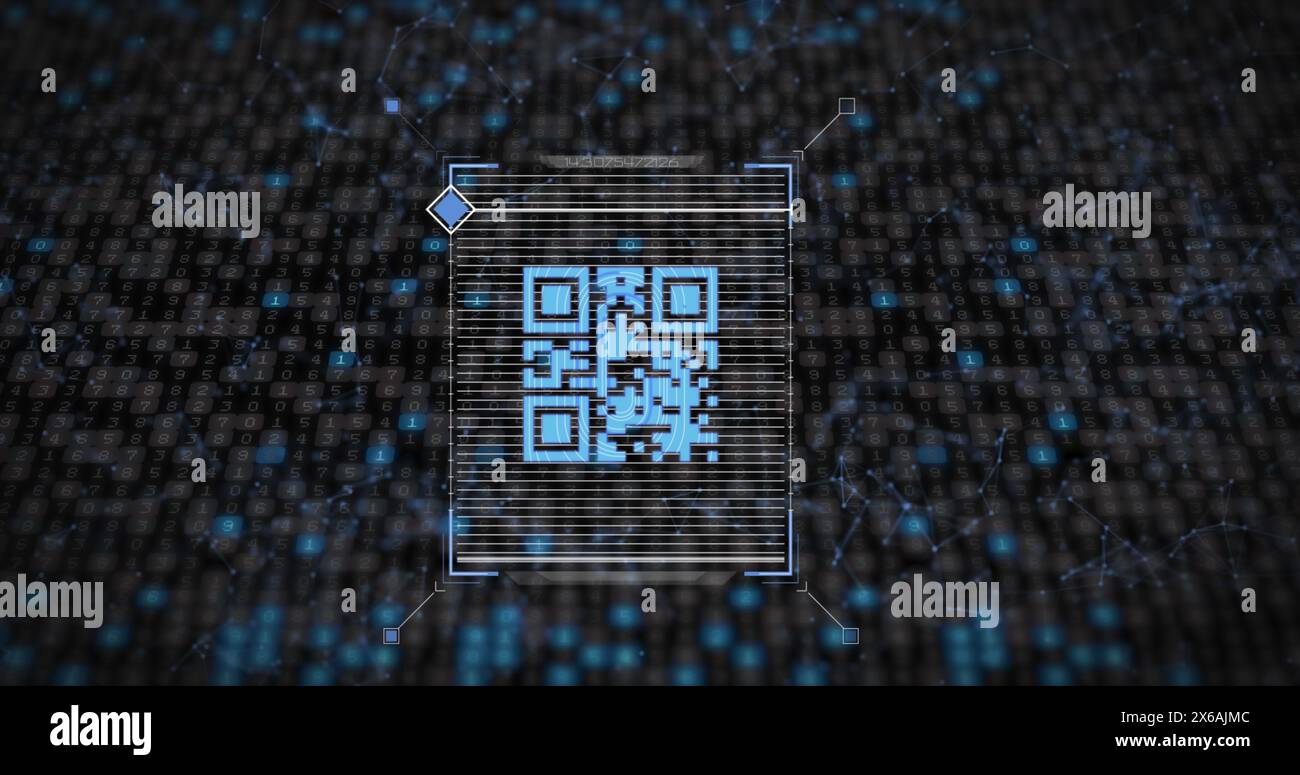 Image of data processing with qr code over moving columns on black ...