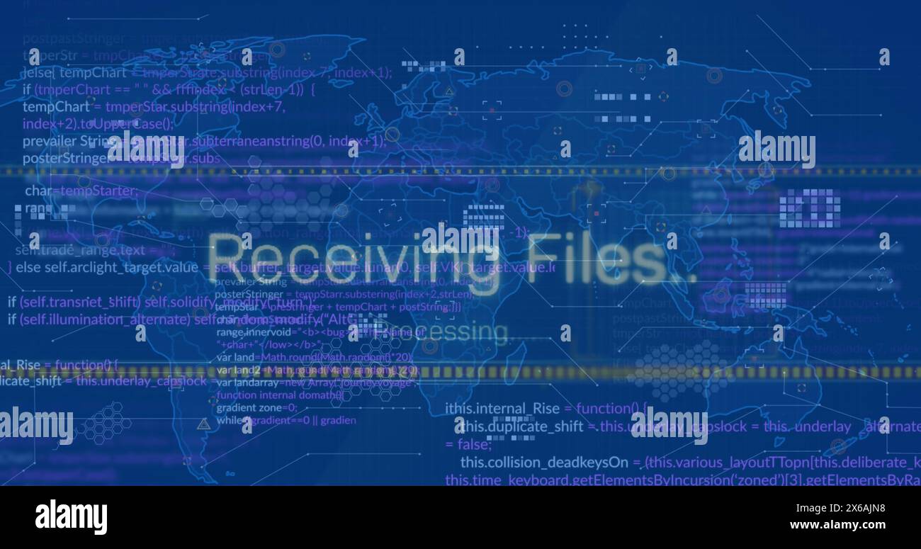 Image of interface with data processing over world map against blue ...