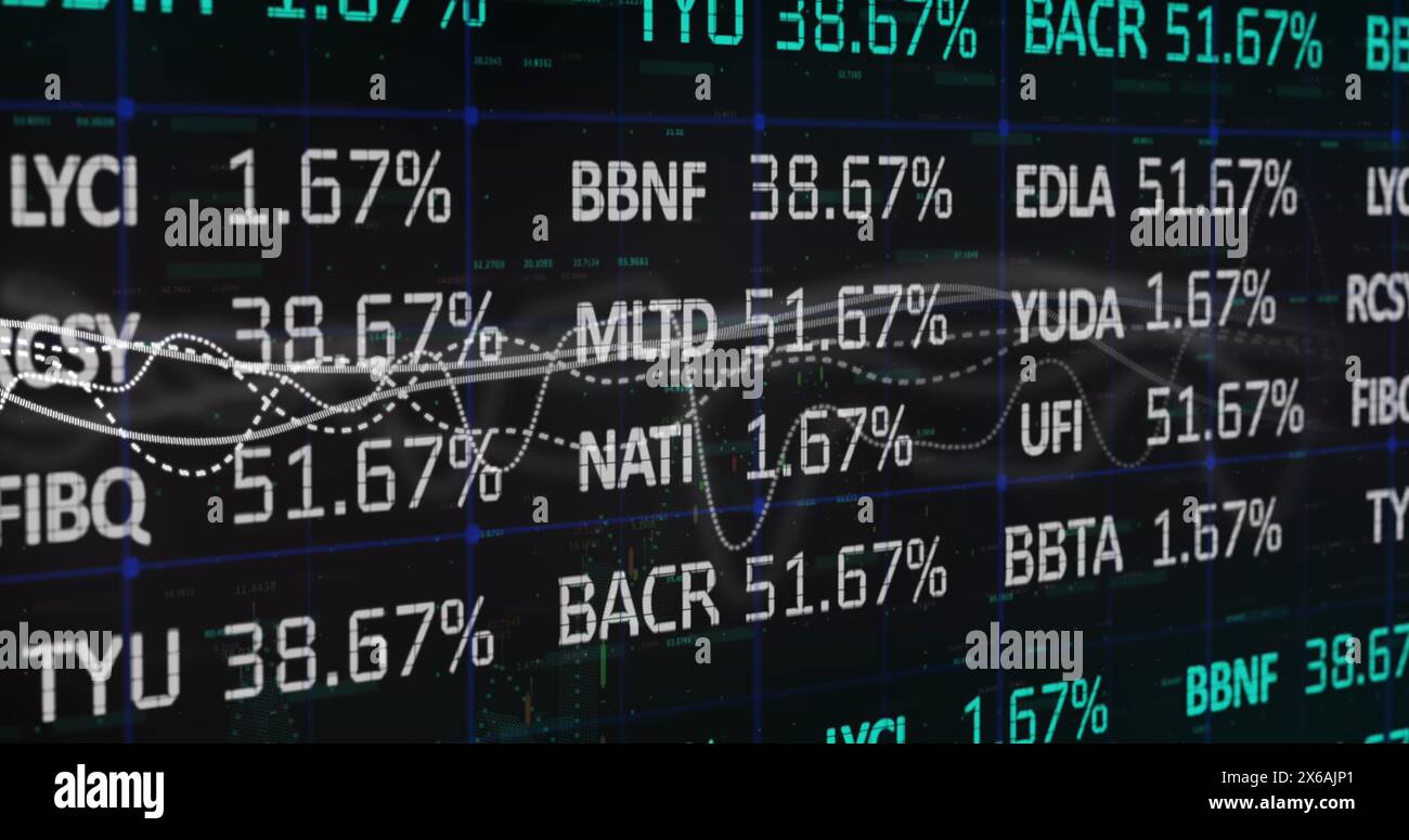 Image of financial data processing on black background Stock Photo