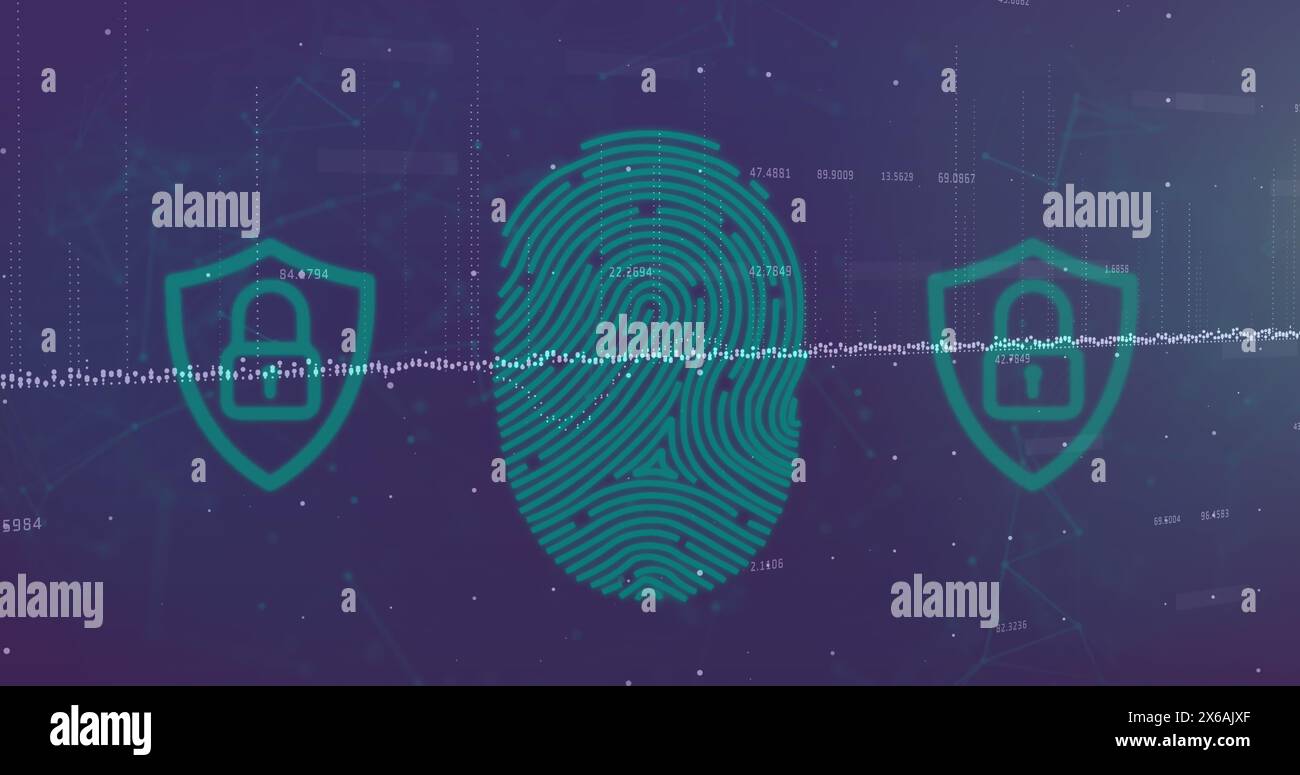 Image of biometric fingerprint scanner and security padlock icons ...