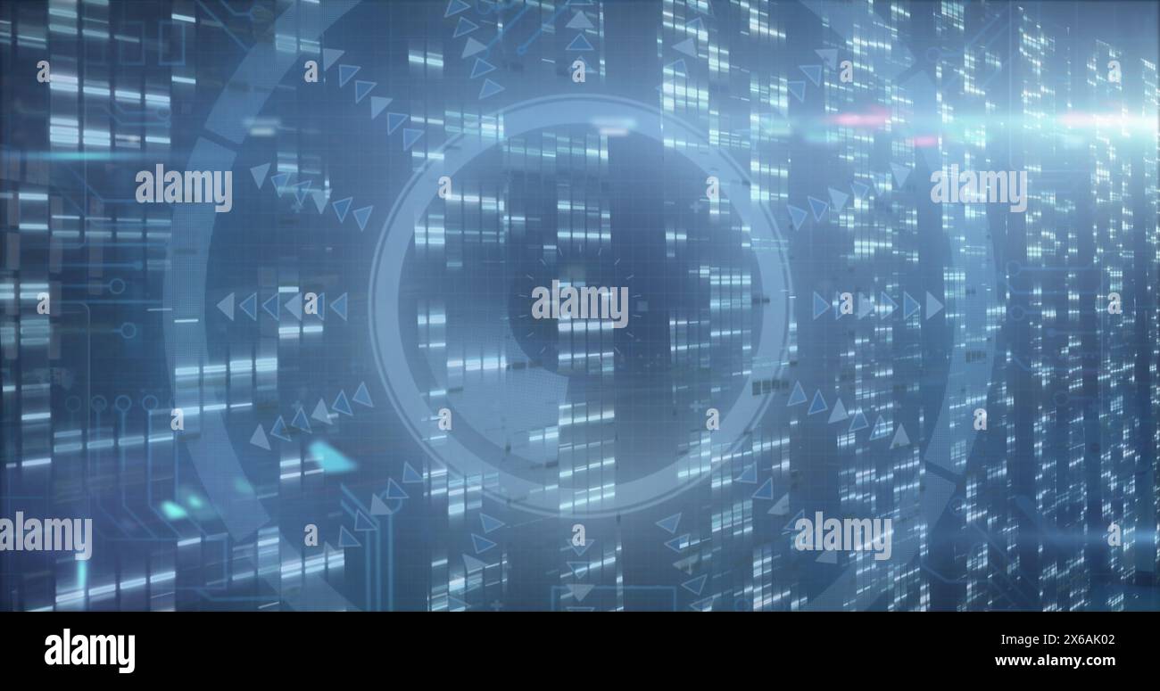 Image of processing circle and lights over navy background Stock Photo