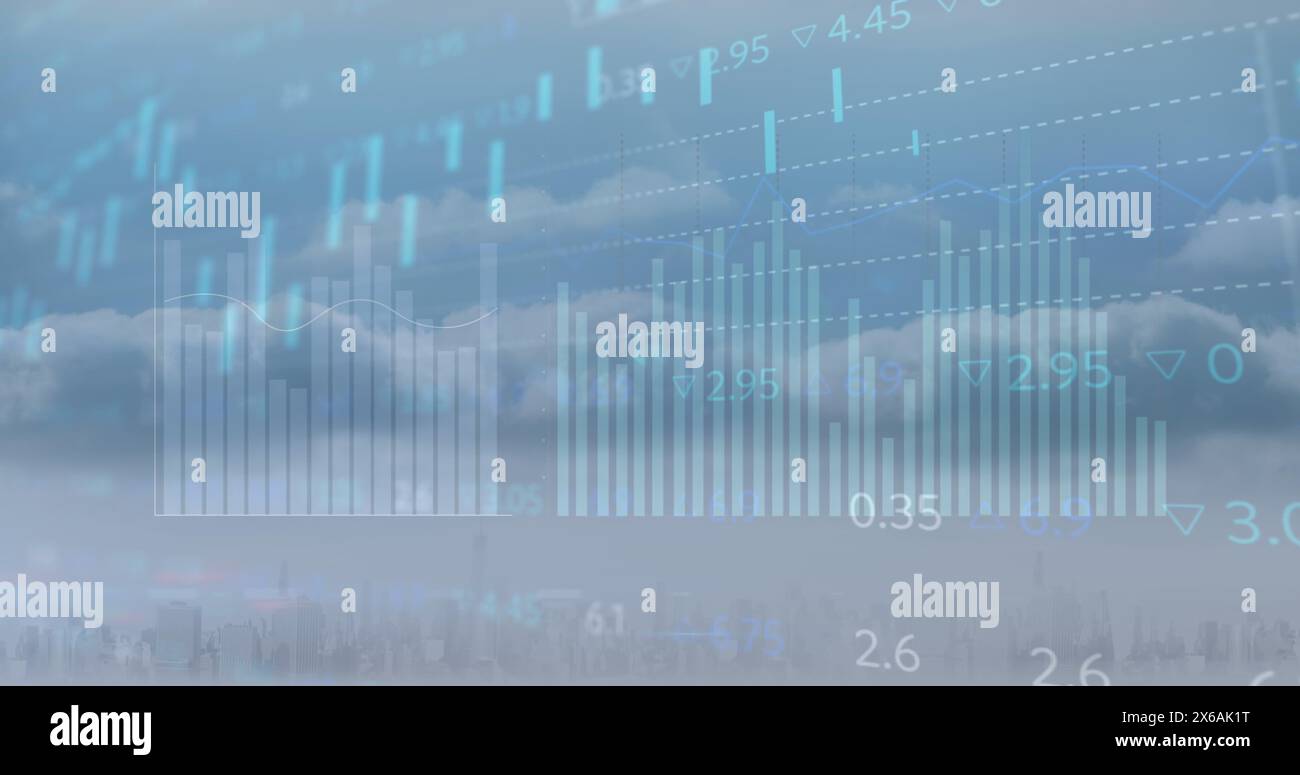 Image of statistical data processing against clouds in the blue sky Stock Photo