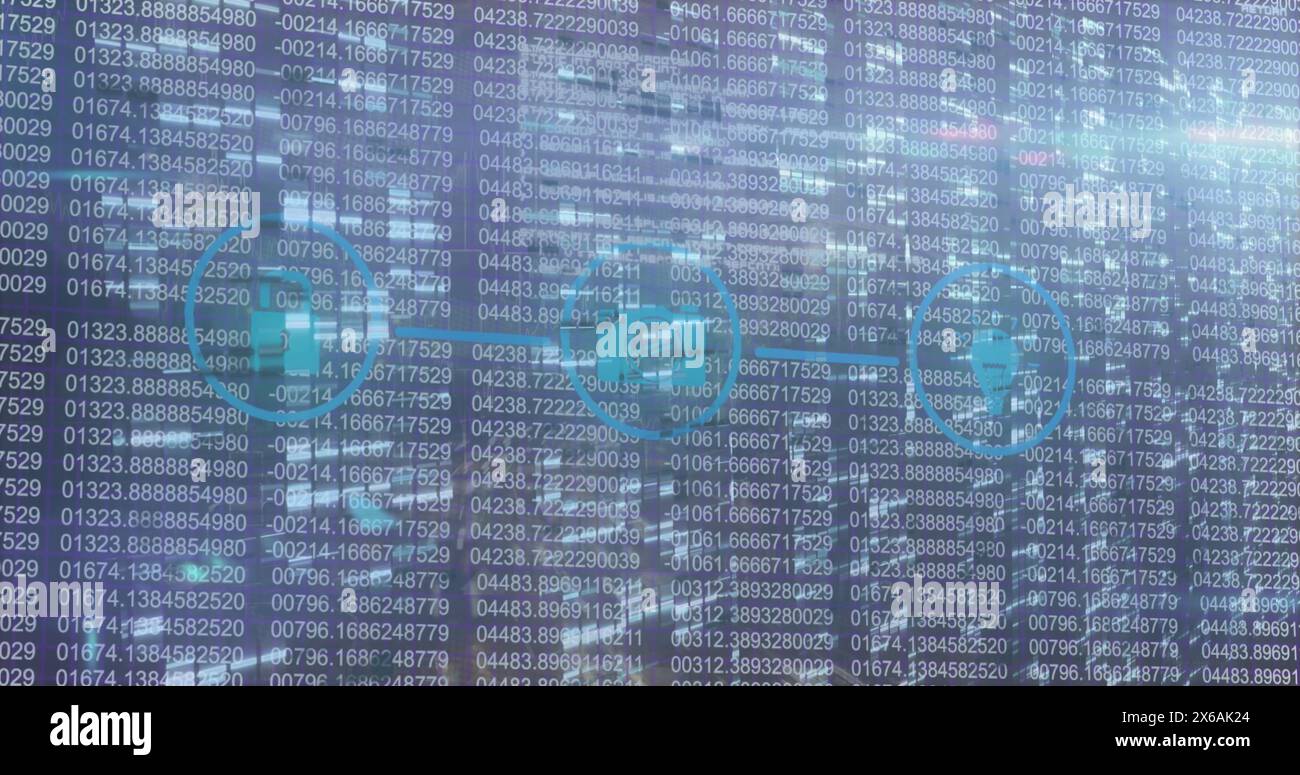 Image of graphical padlock, camera and gps icons in circle over changing binary codes Stock Photo