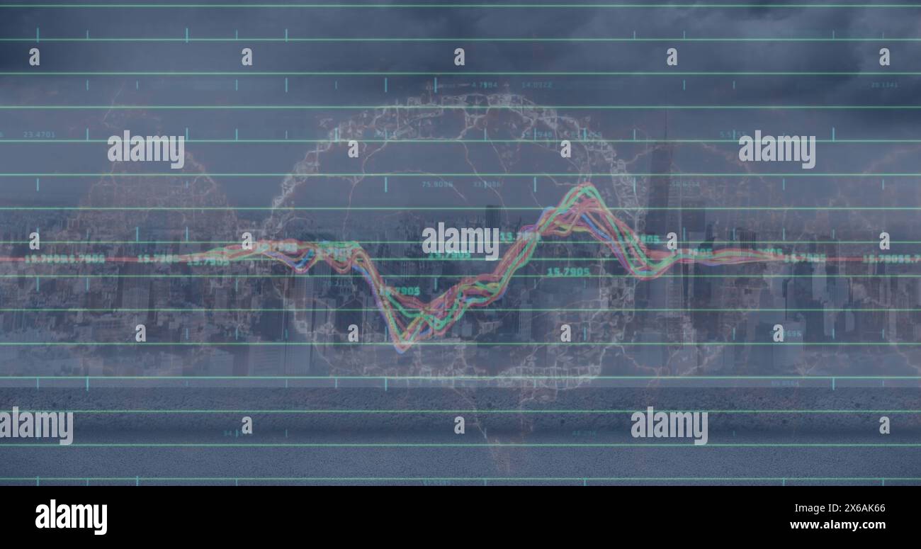 Image of data processing over spinning human brain icon against view of ...