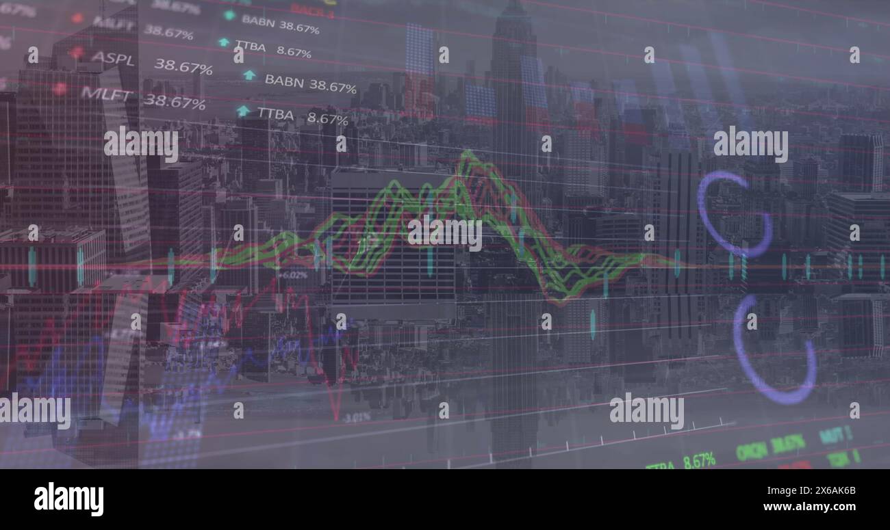 Image of statistical and stock market data processing against aerial ...