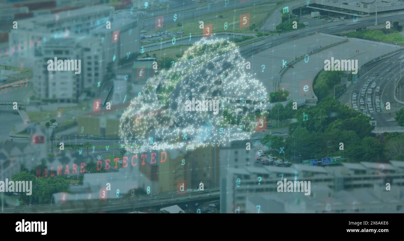 Image of data processing and cloud over cityscape Stock Photo