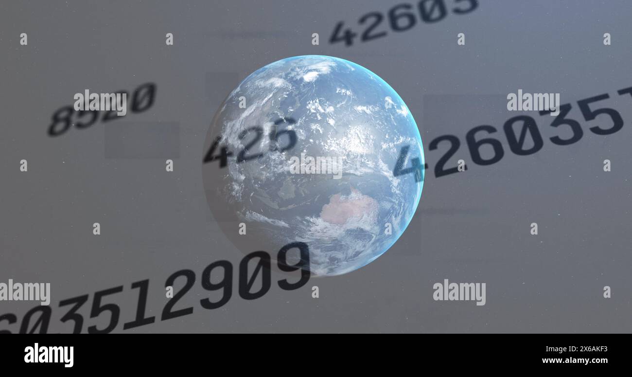 A transparent globe displaying continents, hovering above digits Stock Photo