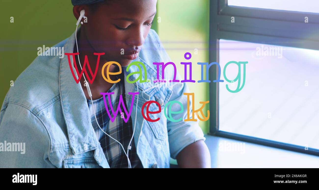 Image of weaning week text over african american woman Stock Photo
