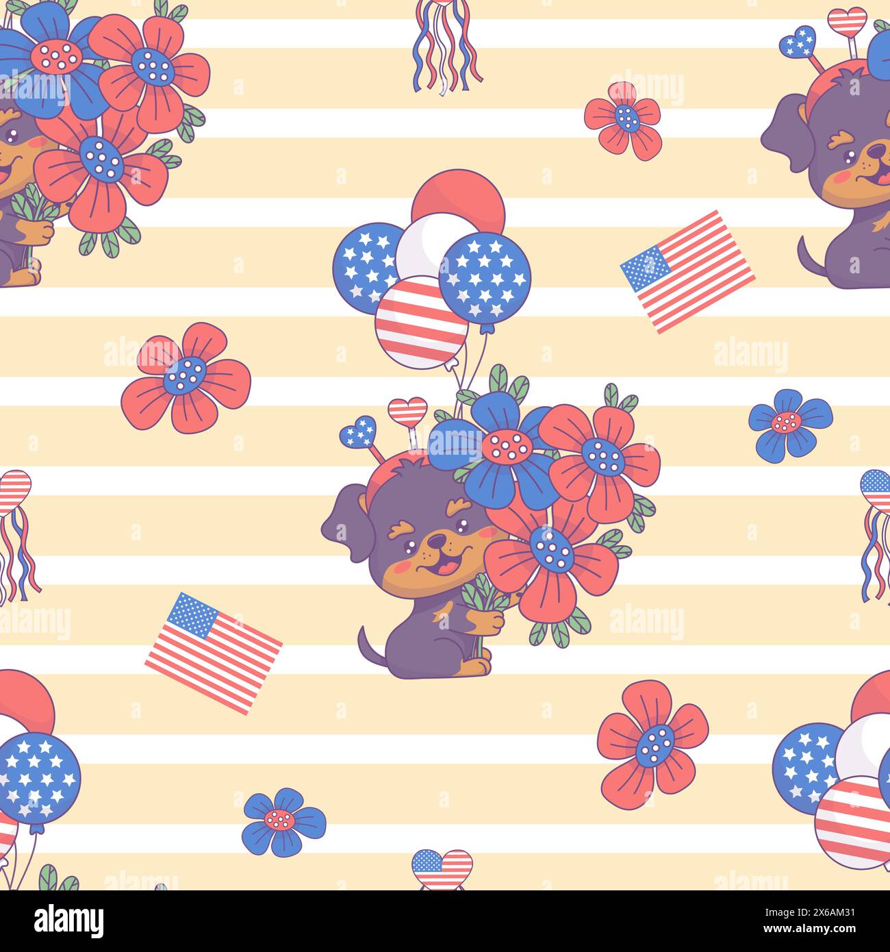 Seamless pattern with patriotic cartoon dog Rottweiler with bouquet flowers, balloons and American flags on yellow white striped background. Vector il Stock Vector