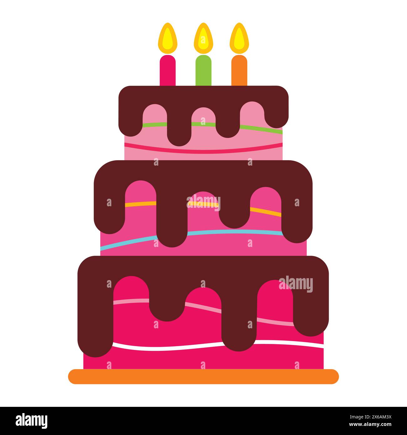 Sweet birthday cake with three burning candles. Colorful holiday ...
