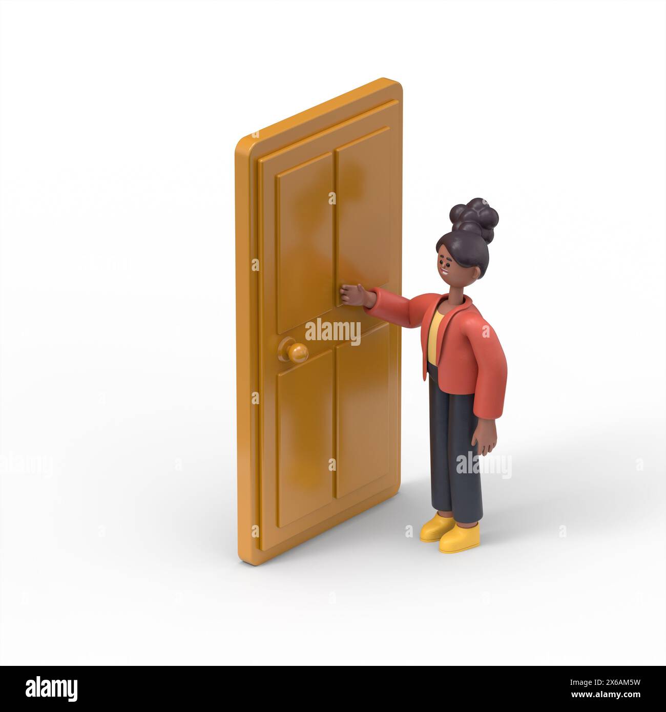 3D illustration of african american woman Coco is knocking at the door, an isometric image.3D rendering on white background Stock Photo