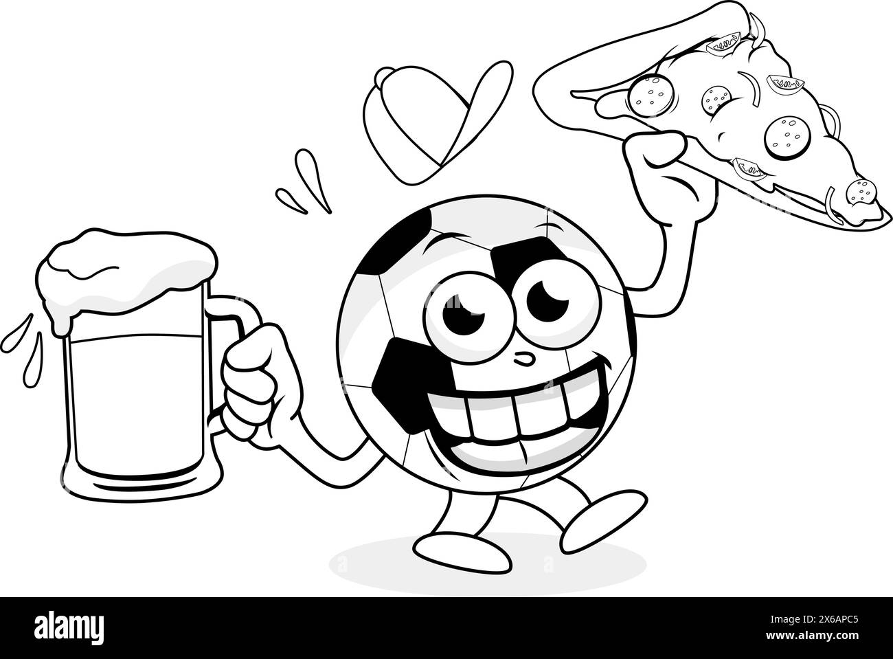 Cartoon soccer ball serving beer and pizza. Beer and pizza delivery at