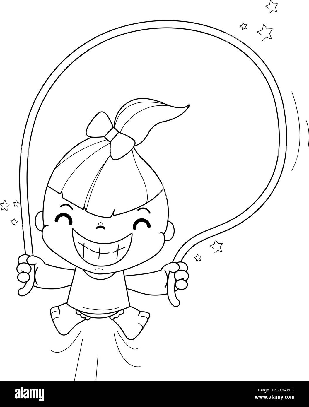 Girl playing, jumping rope. Child exercising and having fun. Vector black and white coloring page. Stock Vector