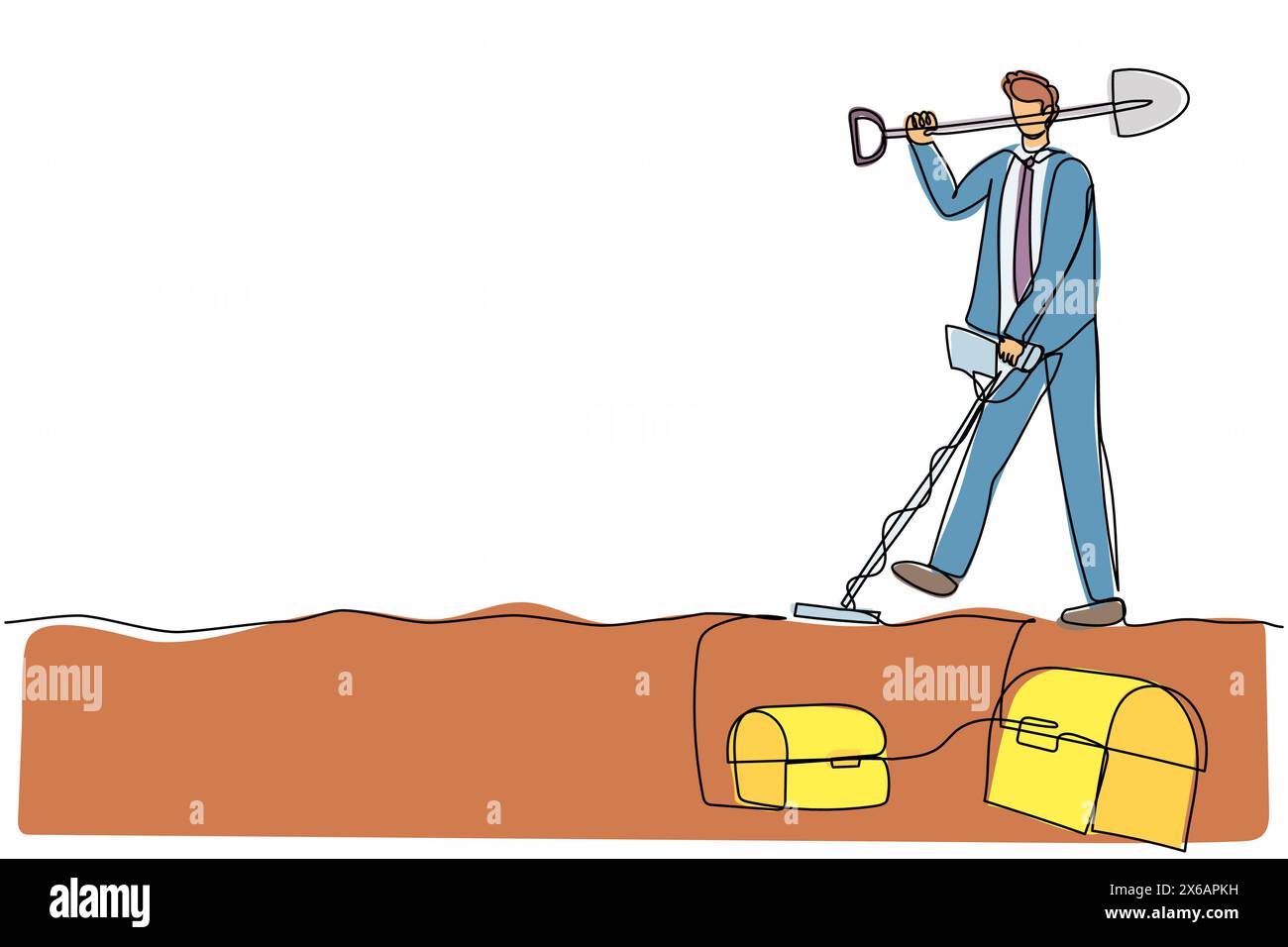 Continuous one line drawing businessman with shovel and metal detector