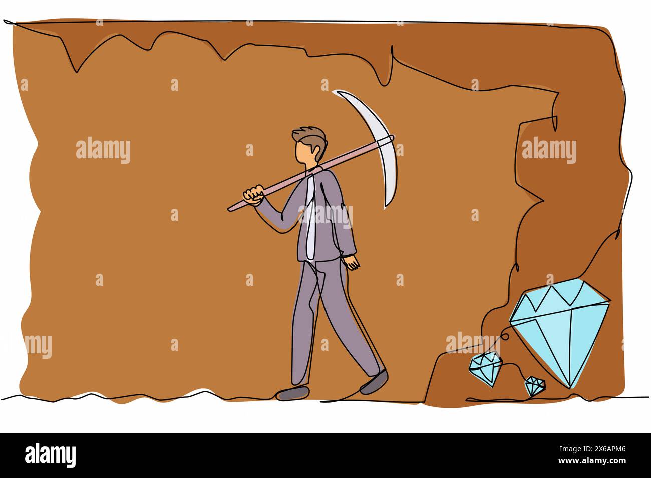 Continuous one line drawing exhausted businessman give up before reach diamonds. Worker stop digging with pickaxe, not knowing precious diamond almost Stock Vector