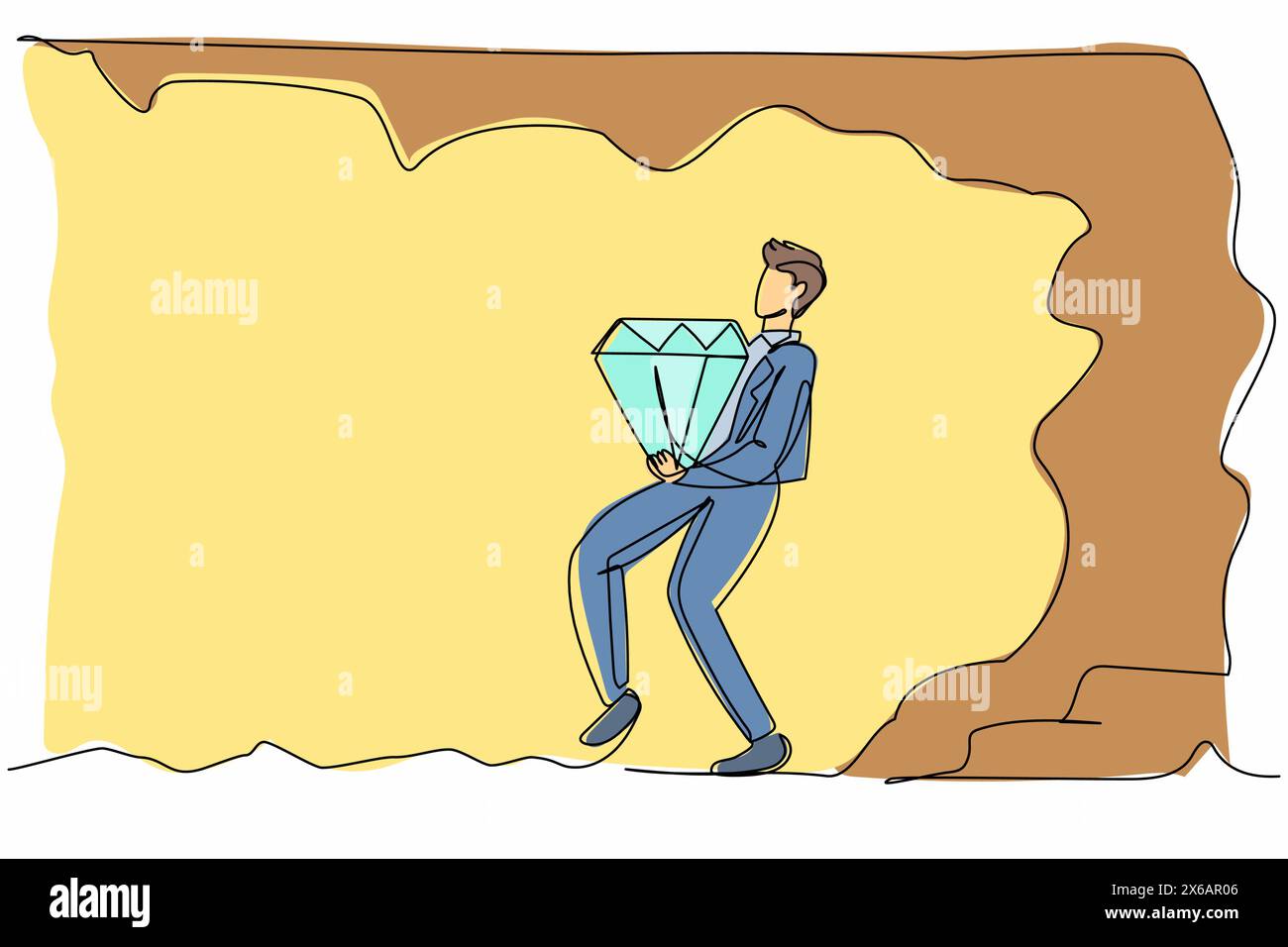 Single one line drawing attractive businessman carrying big diamond from underground. Treasure digging diamond stone. Success, achievement concept. Co Stock Vector