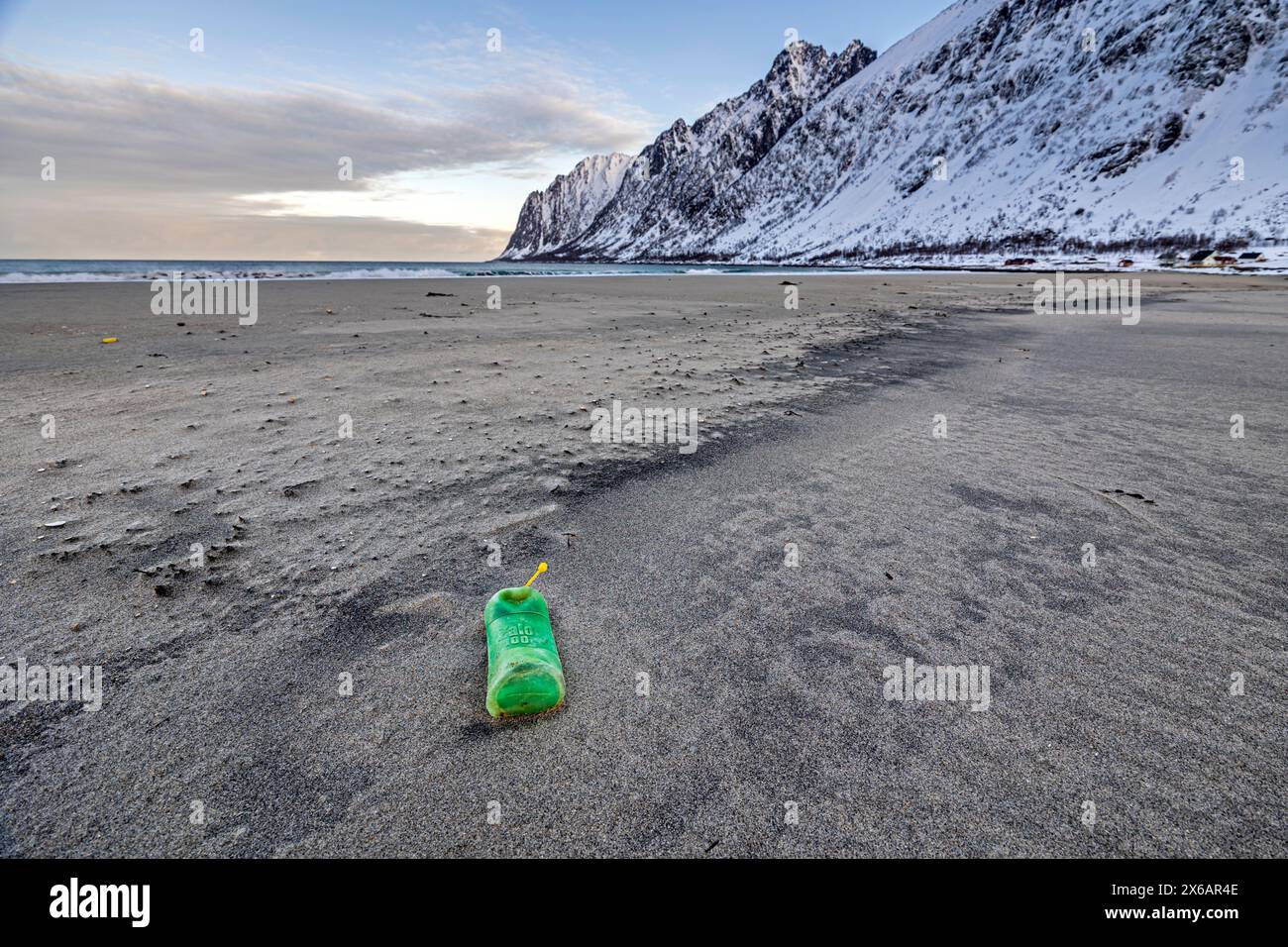 Plastic bottle on the beach, plastic pollution, Senja, Troms, Norway, Europe Stock Photo