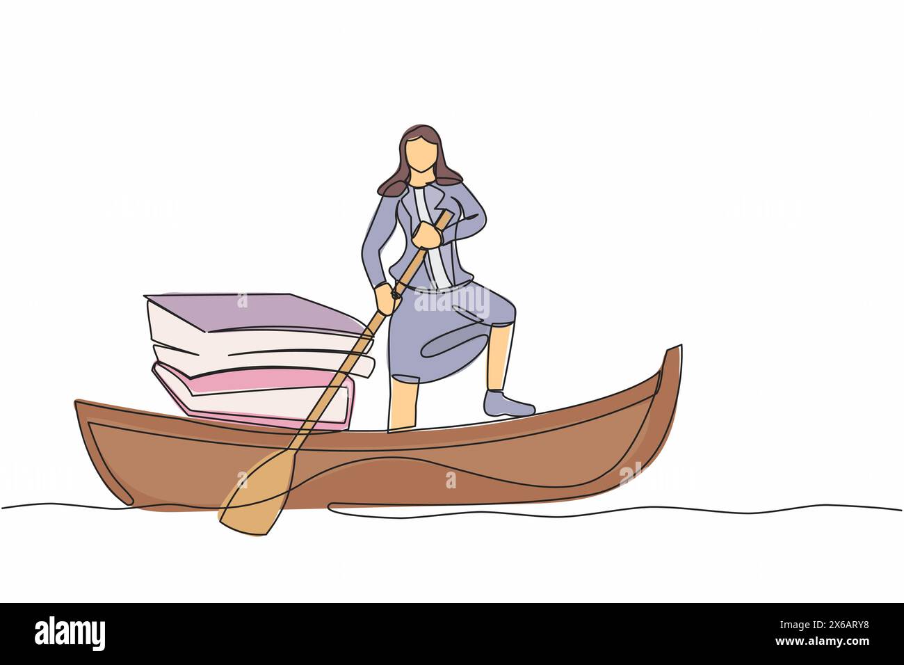 Single continuous line drawing businesswoman sailing away on boat with ...