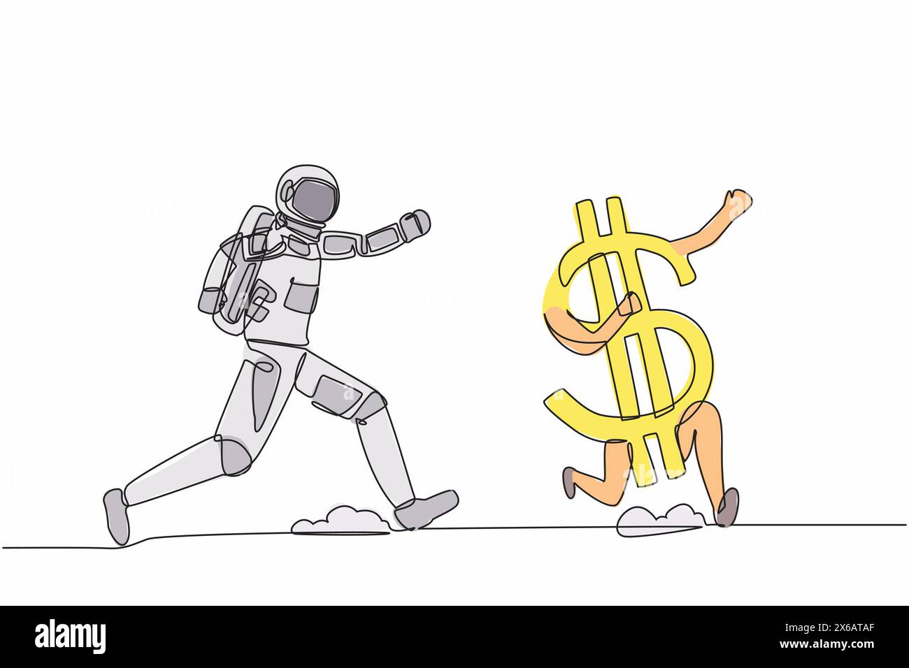 Single continuous line drawing young astronaut chasing dollar symbol in moon surface. Investment in space technology development. Cosmic galaxy space Stock Vector