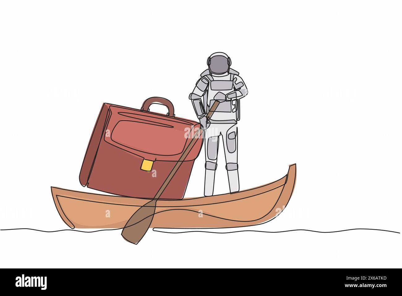 Continuous one line drawing young astronaut sailing away on boat with briefcase. Secret document storage in space missions. Cosmonaut outer space. Sin Stock Vector