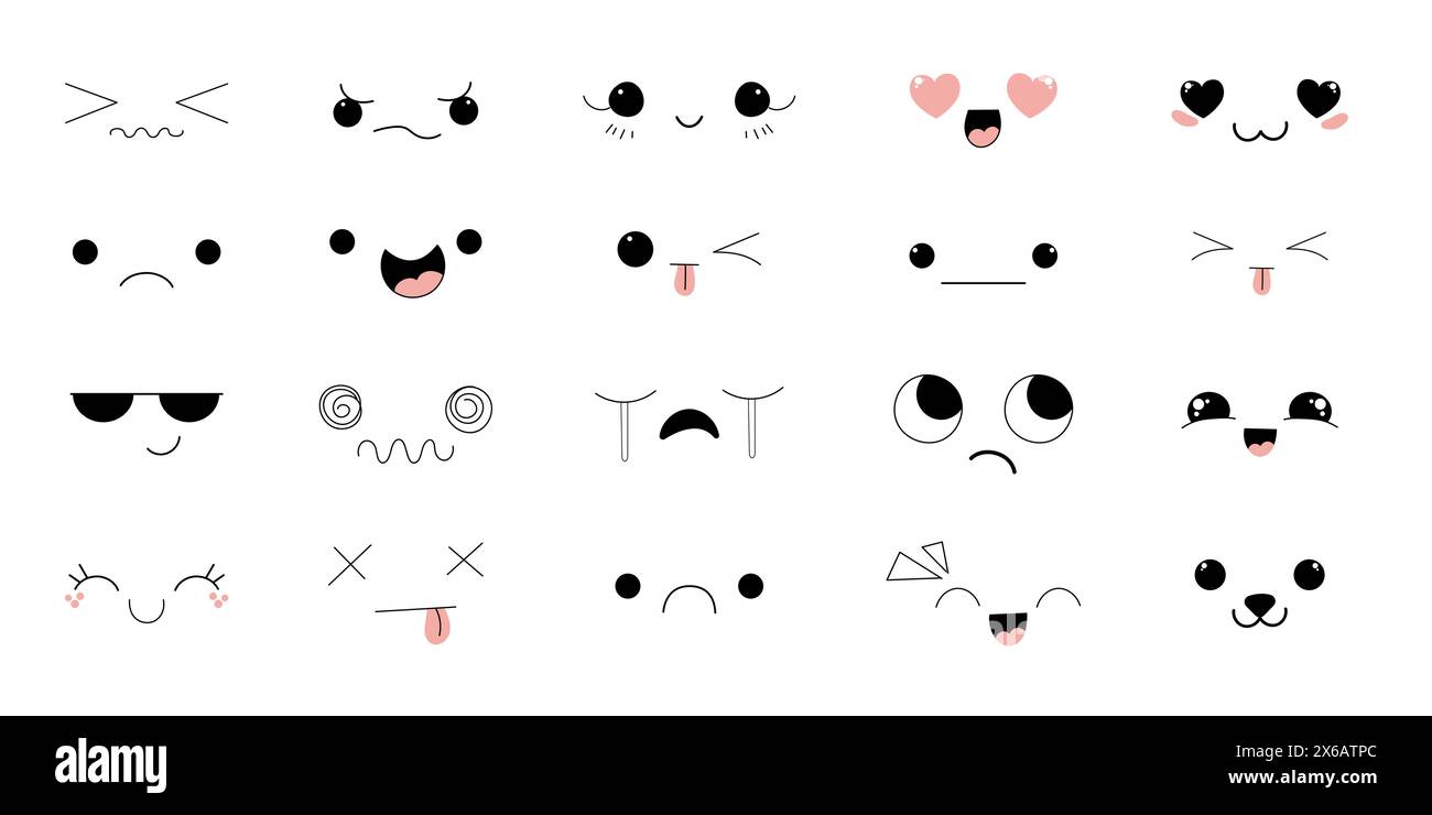 Kawaii Style Faces manga anime emotions, comic expressions, cute eyes collection isolated on white background. Doodle smiley mood design elements, . Vector illustration Stock Vector