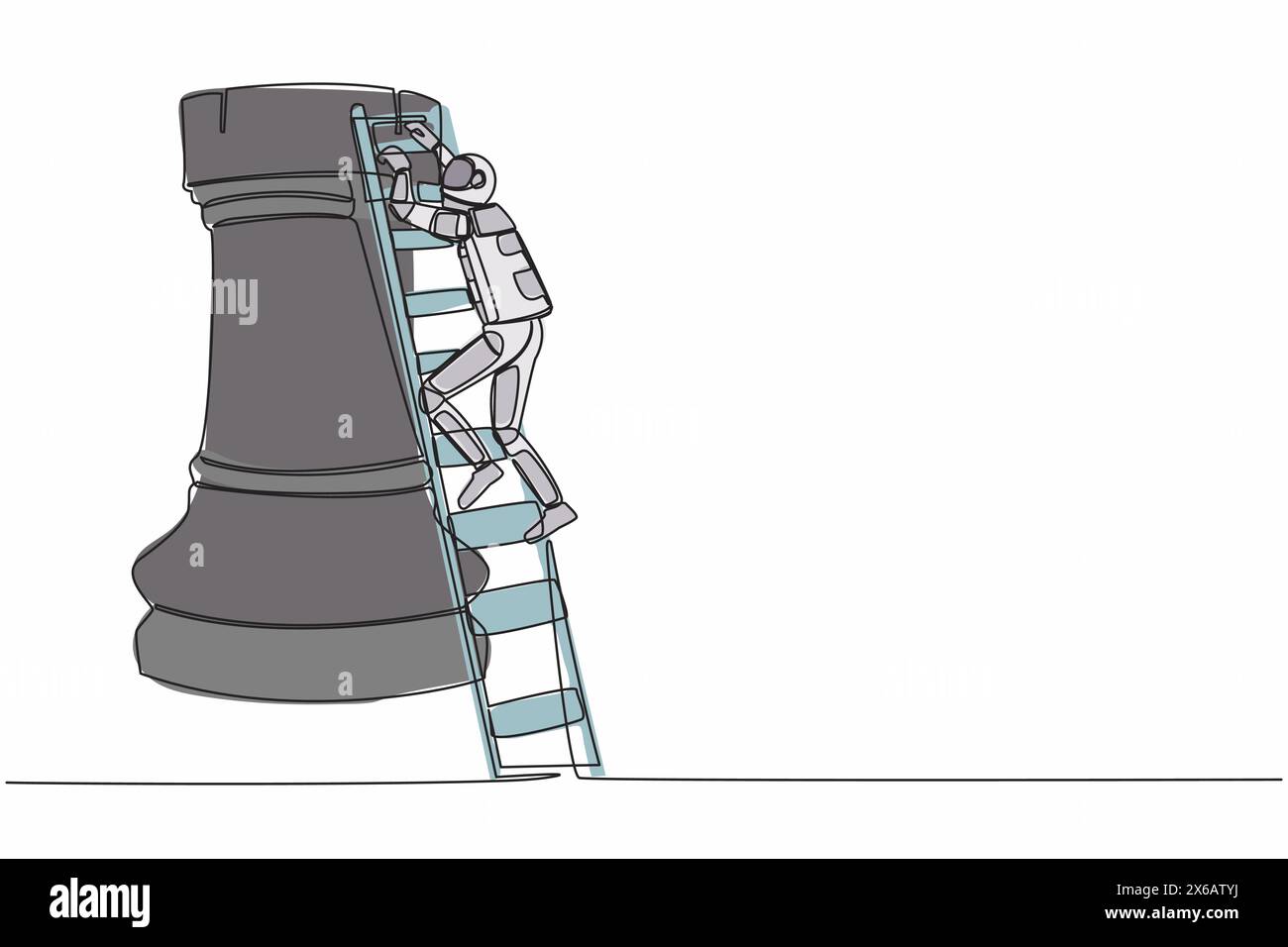 Single one line drawing astronaut climbing huge rook chess piece with ladder. Stages of success in preparing for space exploration. Cosmic galaxy spac Stock Vector