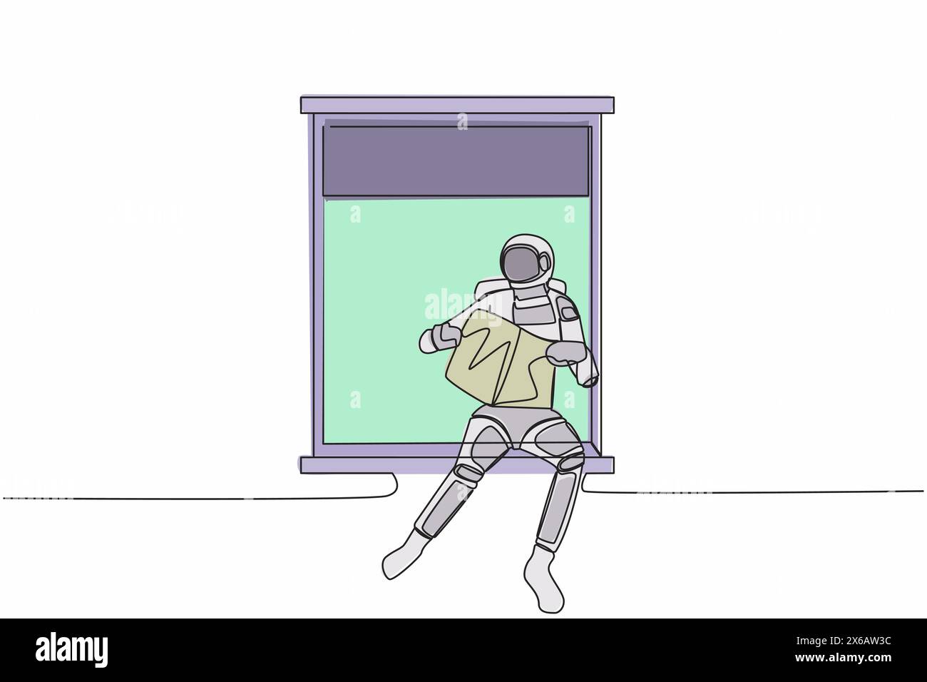 Single one line drawing young astronaut sitting on windowsill and reads ...