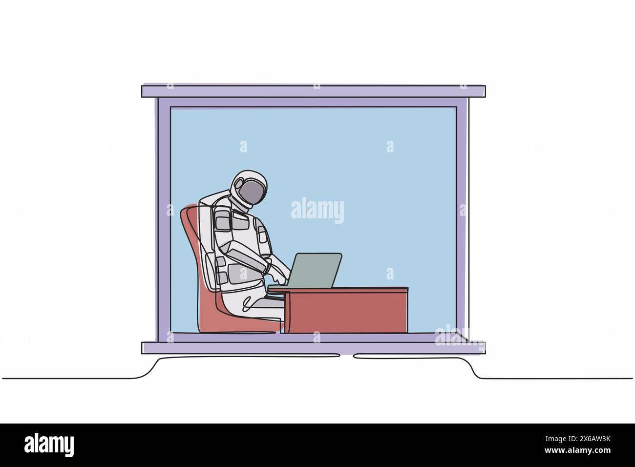 Single one line drawing young astronaut sitting and working at desk and using laptop near window in moon surface. Cosmic galaxy space concept. Modern Stock Vector