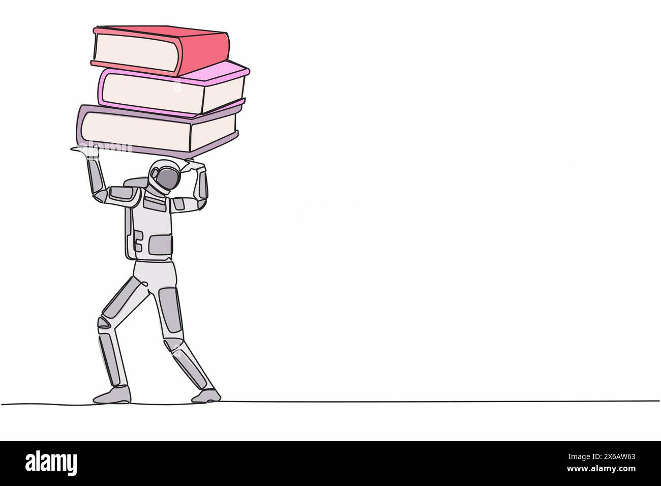 Single continuous line drawing astronaut carrying heavy pile paper folder on his back. Spaceship problem in database exploration. Cosmonaut deep space Stock Vector